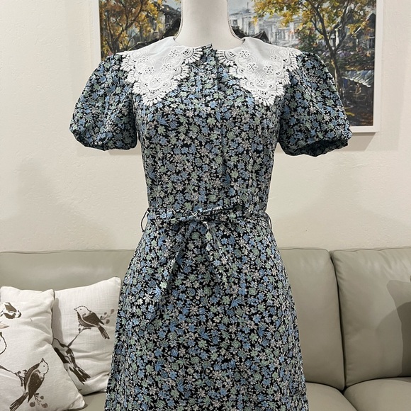 Maje Blue and White Peter Pan Collar Ruffled Jumpsuit